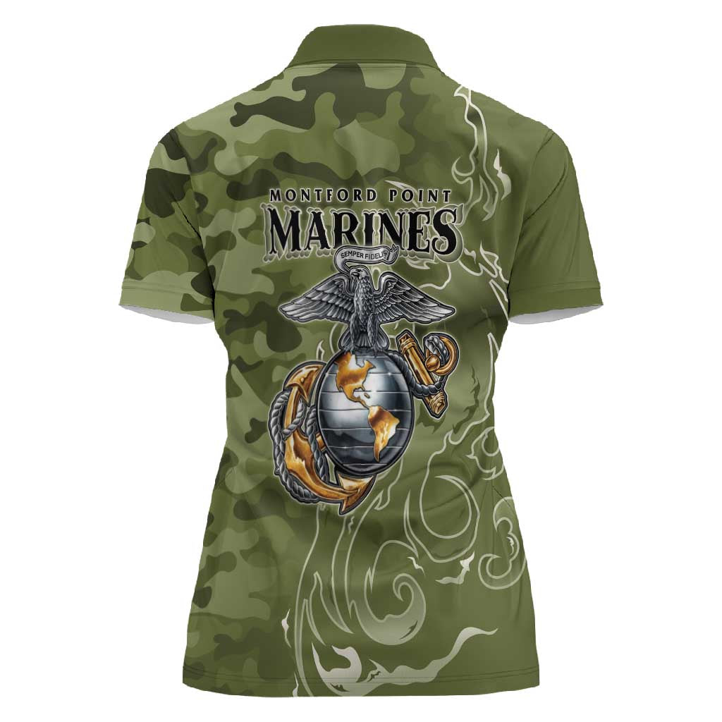 Montford Point Marines Women Polo Shirt Flame Fire Military Green Camo