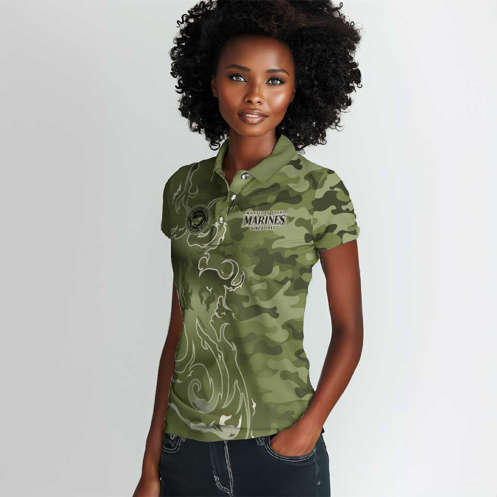 Montford Point Marines Women Polo Shirt Flame Fire Military Green Camo