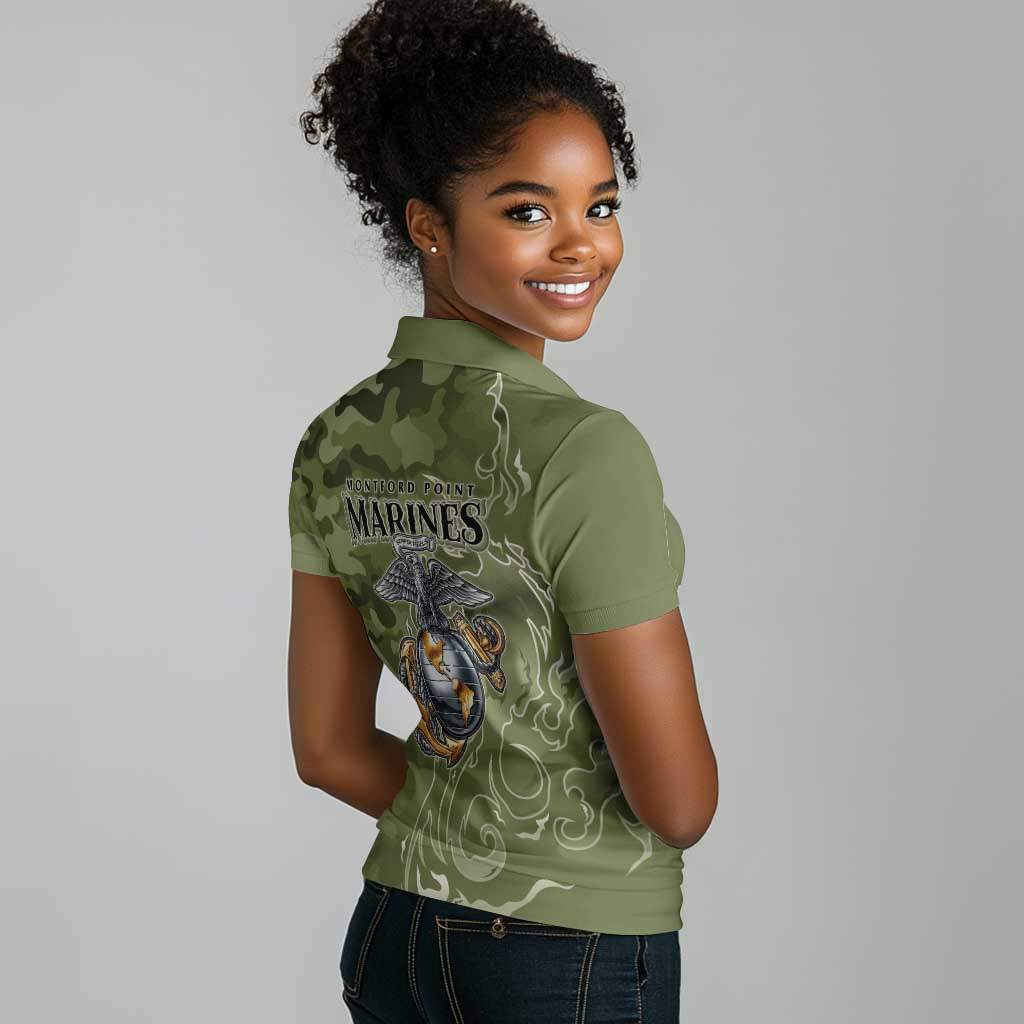 Montford Point Marines Women Polo Shirt Flame Fire Military Green Camo
