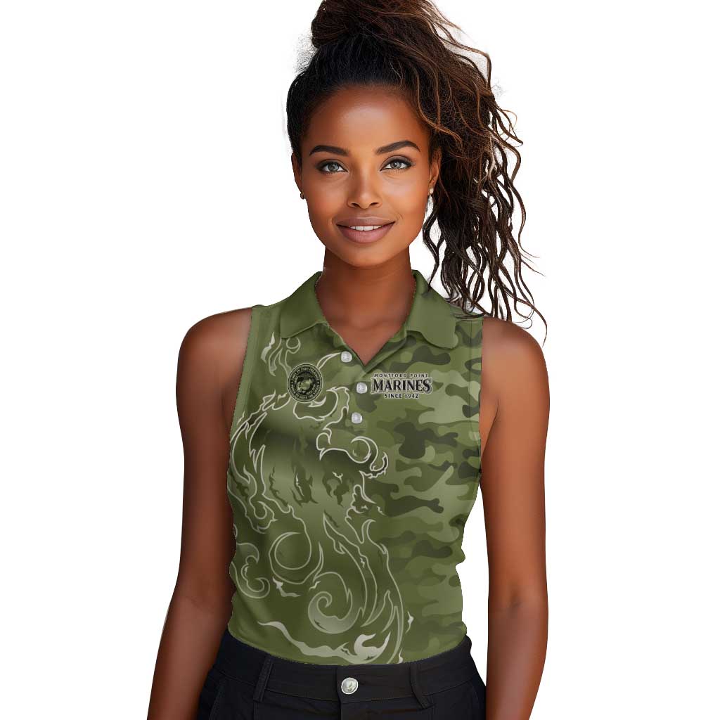 Montford Point Marines Women Sleeveless Polo Shirt Flame Fire Military Green Camo