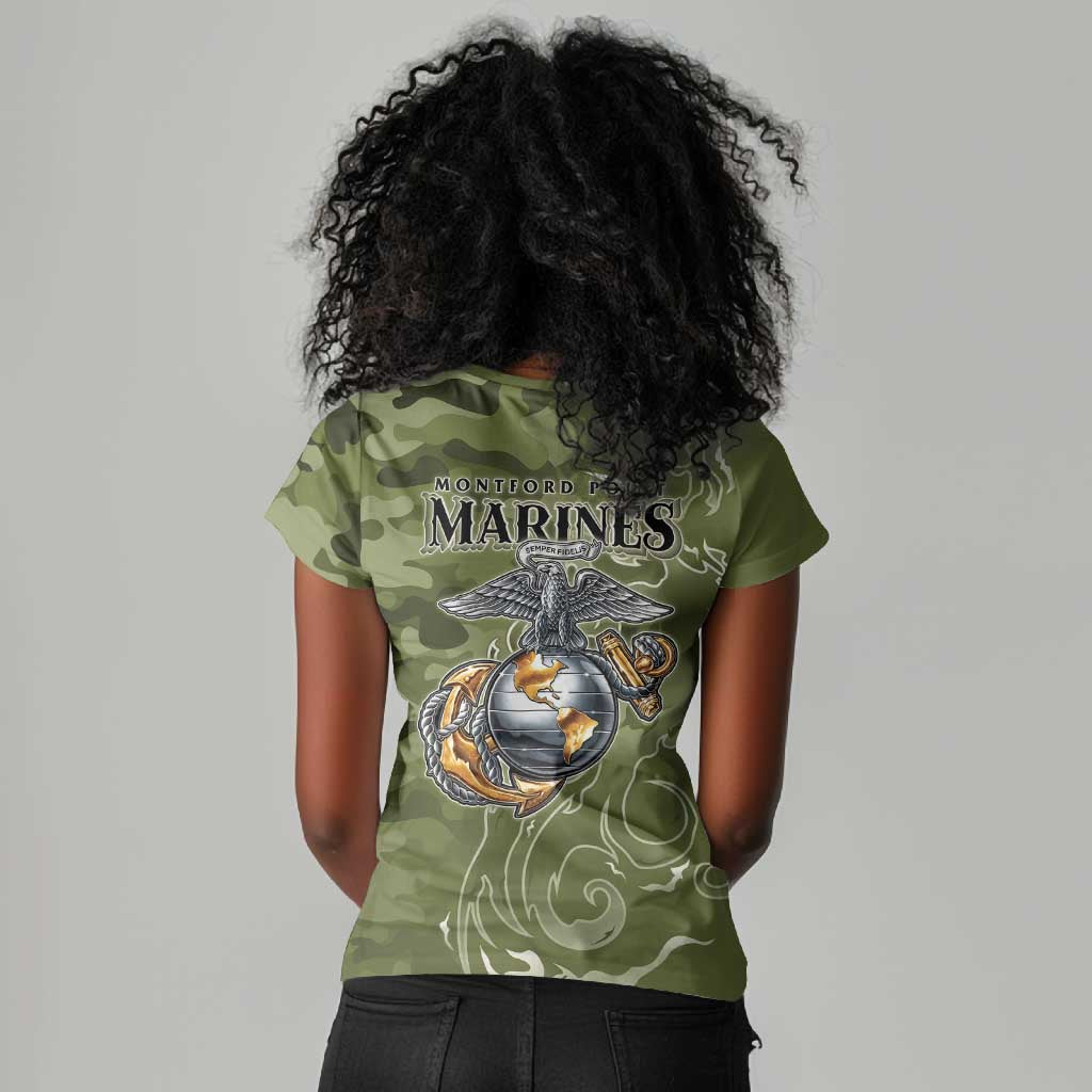 Montford Point Marines Women V-Neck T-Shirt Flame Fire Military Green Camo
