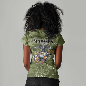 Montford Point Marines Women V-Neck T-Shirt Flame Fire Military Green Camo