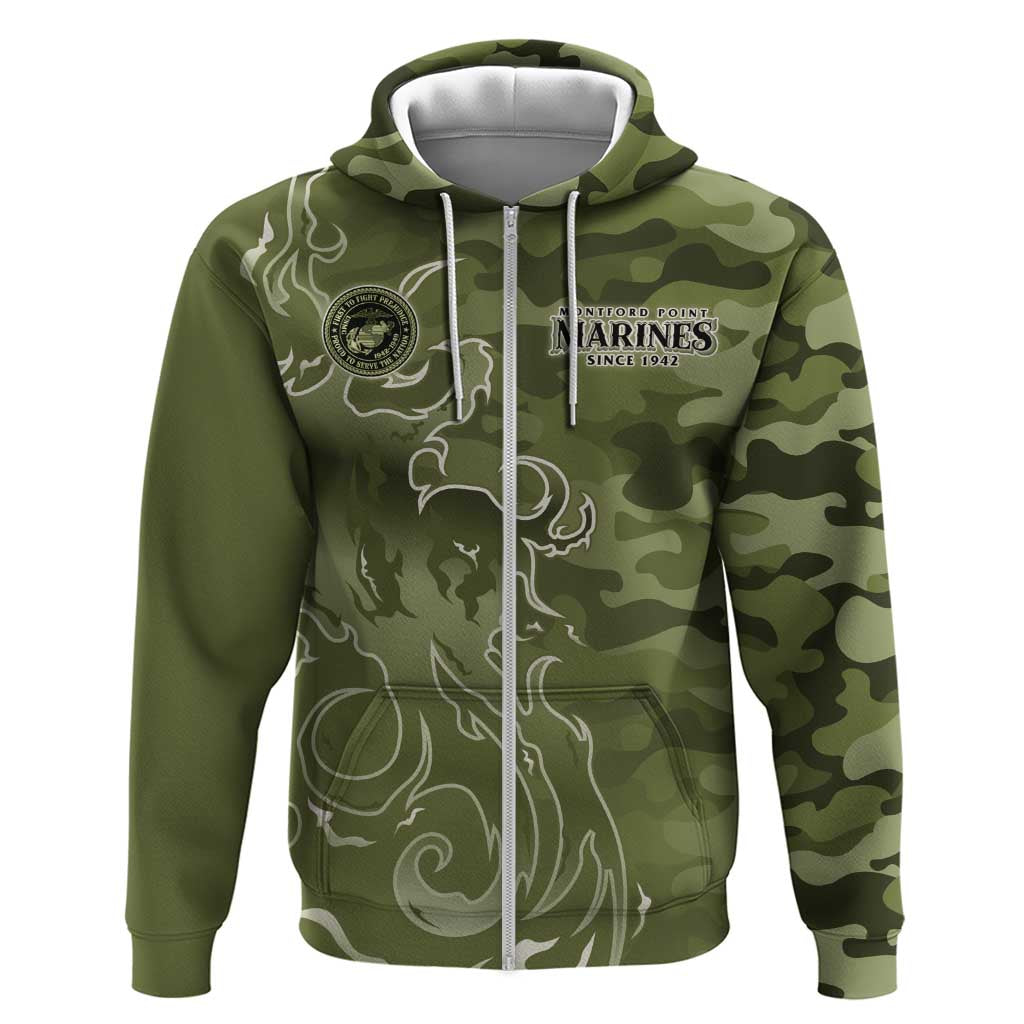 Montford Point Marines Zip Hoodie Flame Fire Military Green Camo