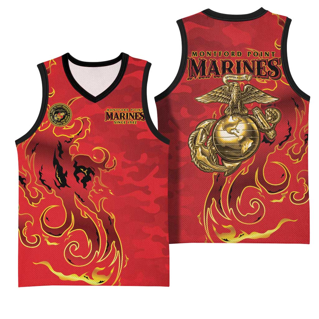 Montford Point Marines Basketball Jersey Flame Fire Military Red Camo
