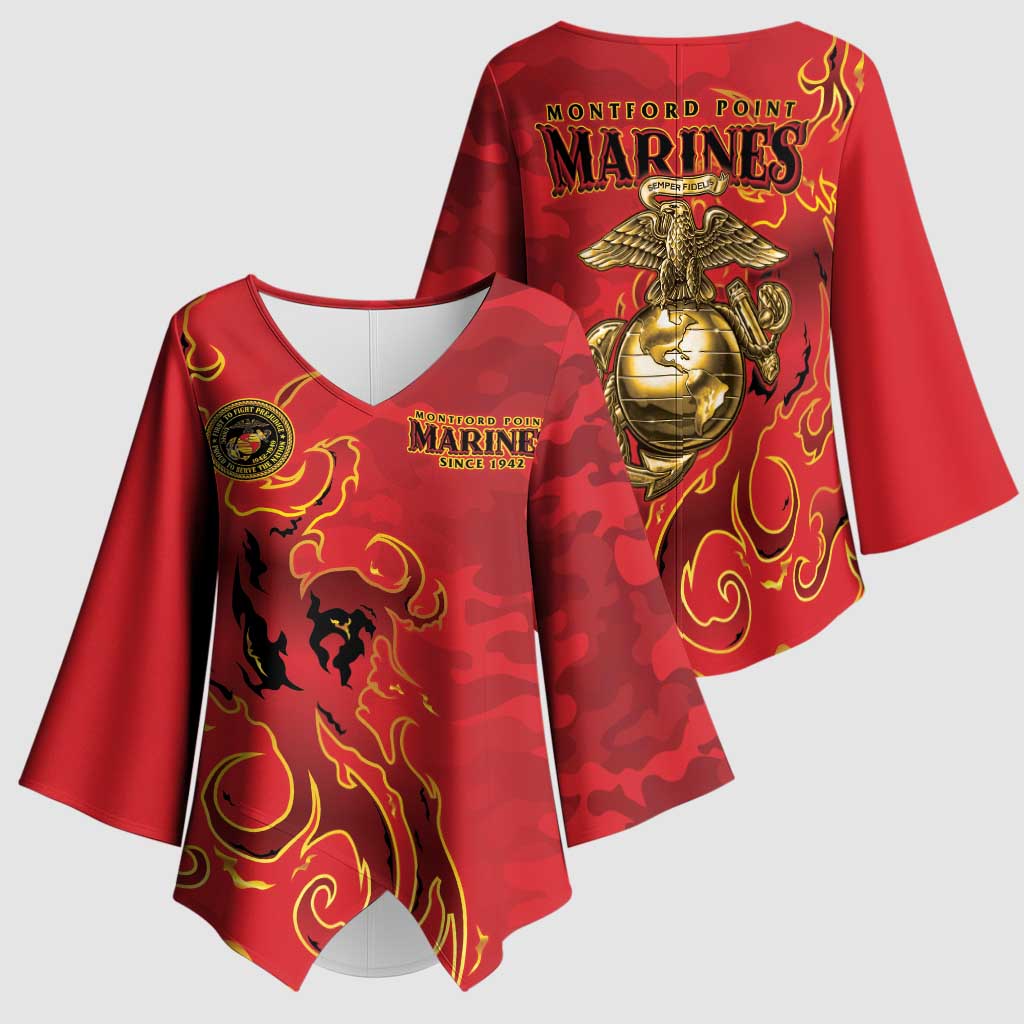 Montford Point Marines Kimono Sleeve Blouse Flame Fire Military Red Camo