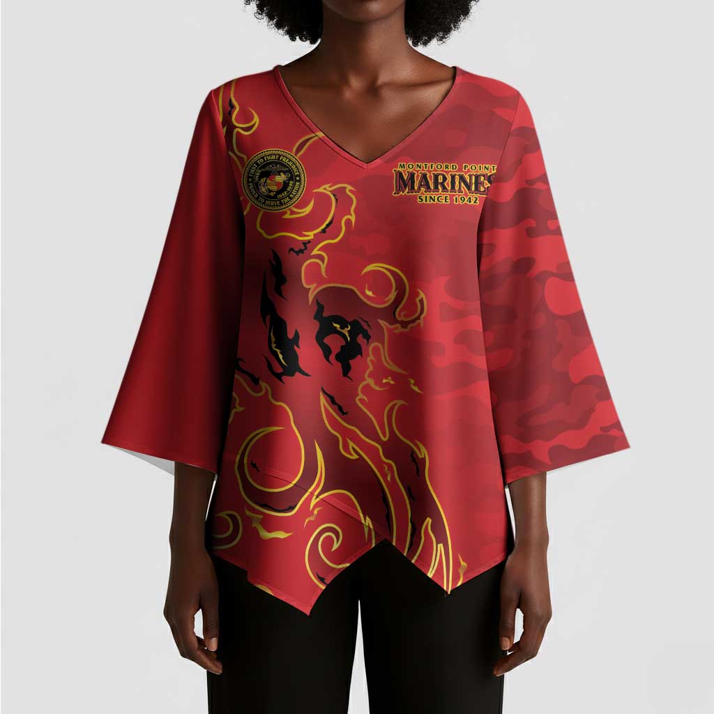 Montford Point Marines Kimono Sleeve Blouse Flame Fire Military Red Camo