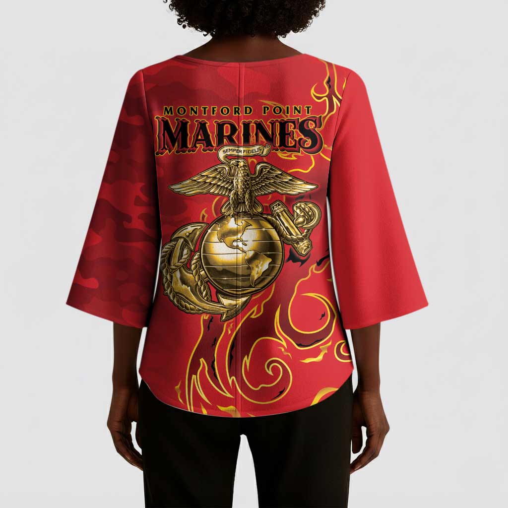 Montford Point Marines Kimono Sleeve Blouse Flame Fire Military Red Camo