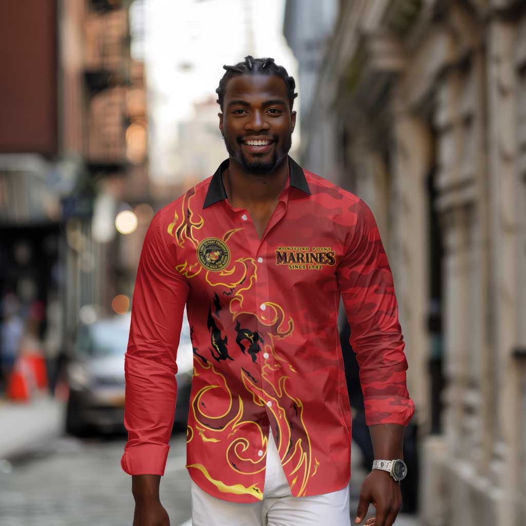 Montford Point Marines Long Sleeve Button Shirt Flame Fire Military Red Camo