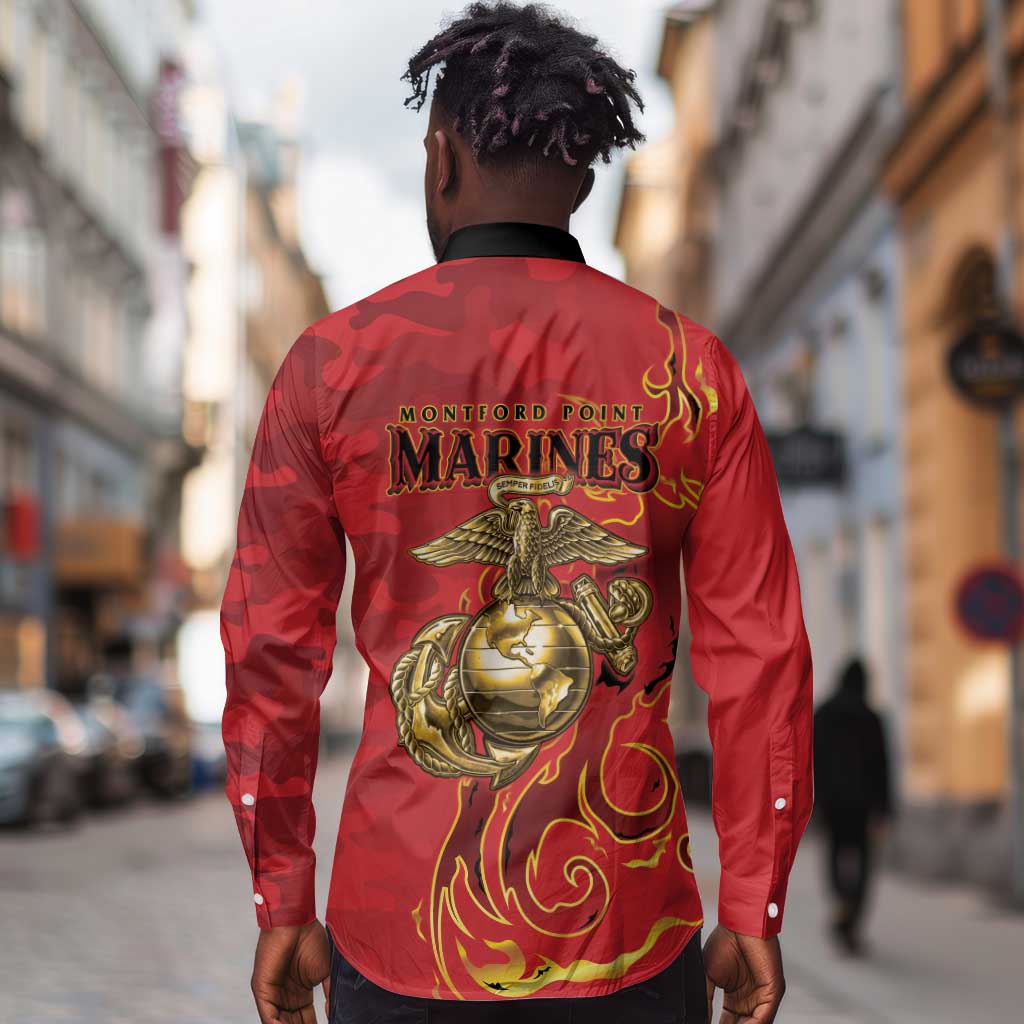 Montford Point Marines Long Sleeve Button Shirt Flame Fire Military Red Camo