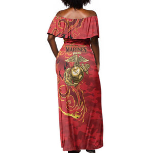 Montford Point Marines Off Shoulder Maxi Dress Flame Fire Military Red Camo
