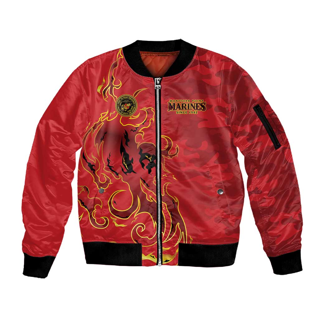 Montford Point Marines Sleeve Zip Bomber Jacket Flame Fire Military Red Camo