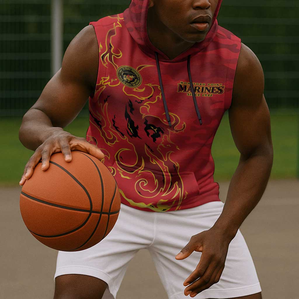 Montford Point Marines Sleeveless Hoodie Flame Fire Military Red Camo