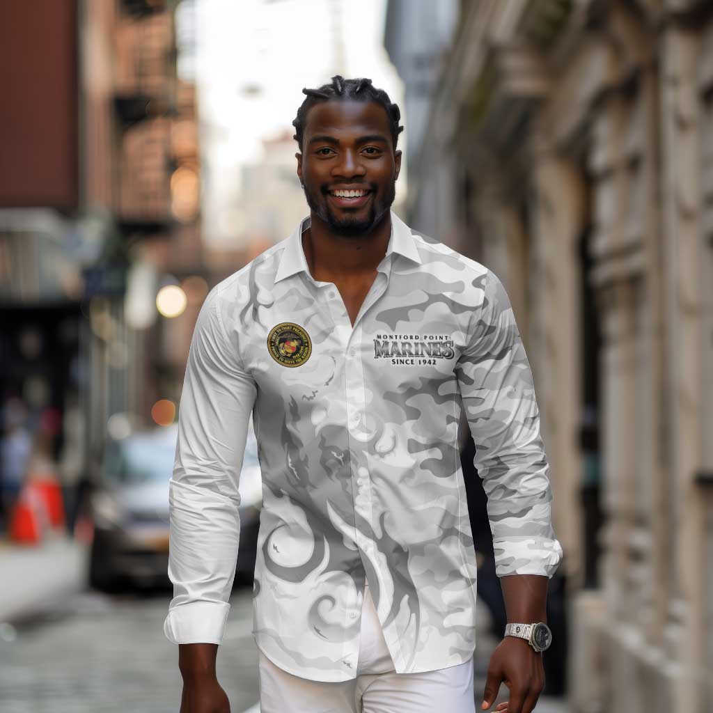 Montford Point Marines Long Sleeve Button Shirt Flame Fire Military White Camo
