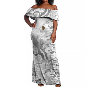 Montford Point Marines Off Shoulder Maxi Dress Flame Fire Military White Camo