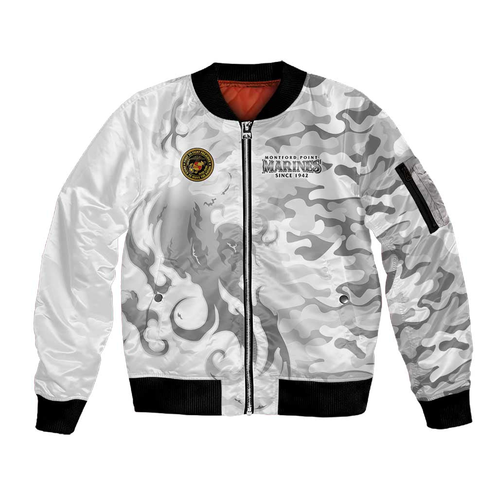 Montford Point Marines Sleeve Zip Bomber Jacket Flame Fire Military White Camo