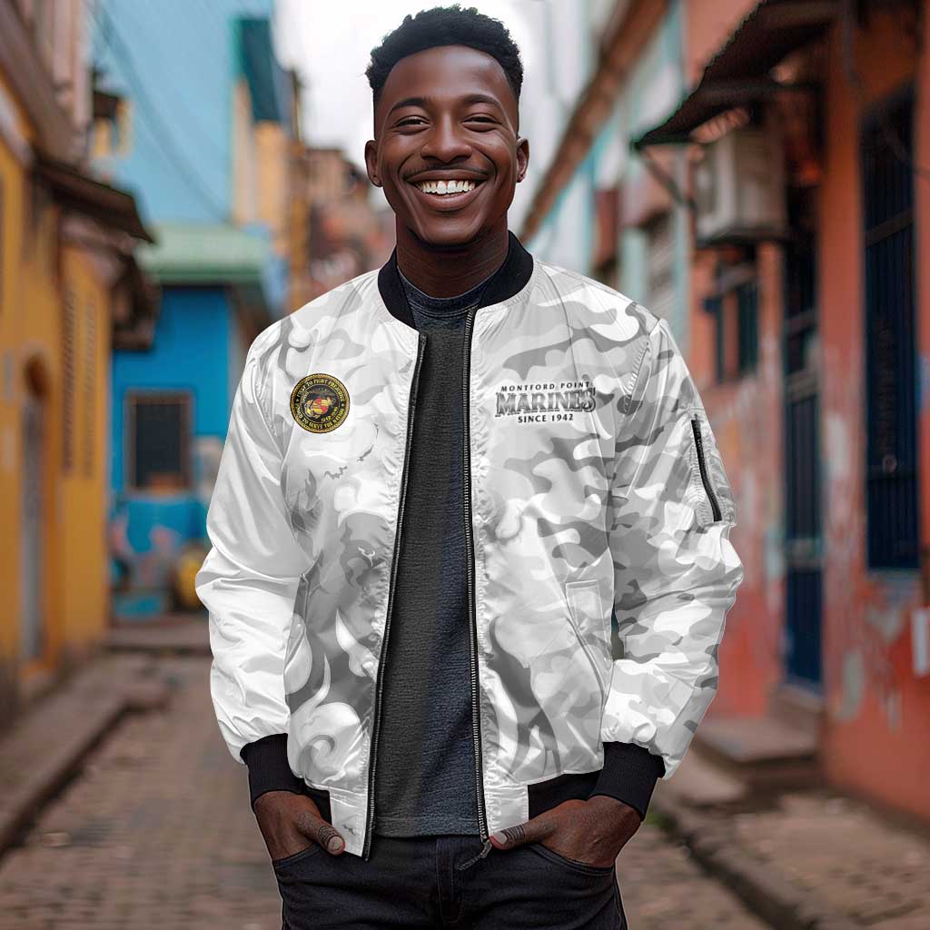 Montford Point Marines Sleeve Zip Bomber Jacket Flame Fire Military White Camo