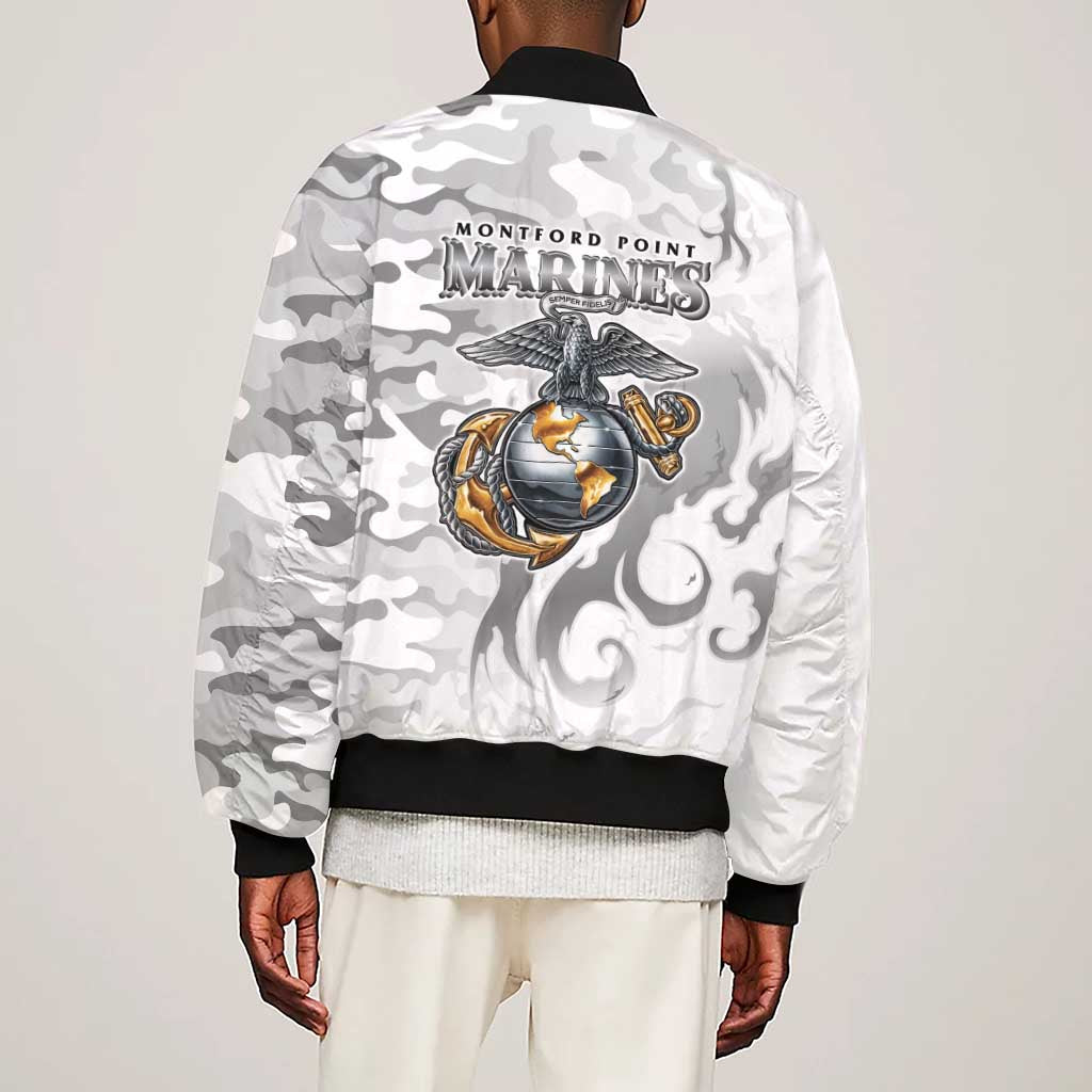 Montford Point Marines Sleeve Zip Bomber Jacket Flame Fire Military White Camo
