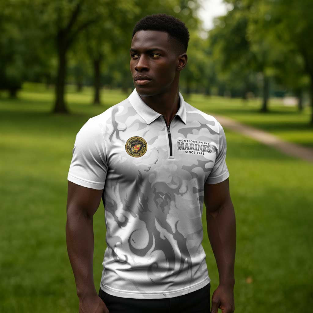 Montford Point Marines Zipper Polo Shirt Flame Fire Military White Camo