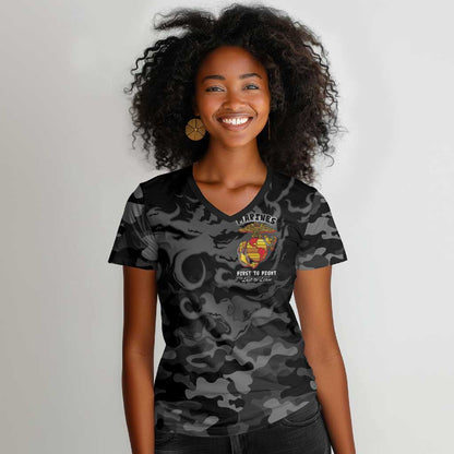 Montford Point Marines Women V-Neck T-Shirt First To Fight Last to Leave