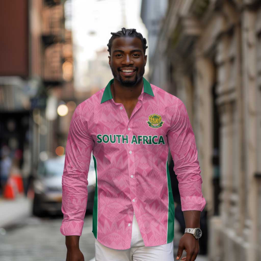 Pink South Africa Cricket Custom Long Sleeve Button Shirt African King Proteas Be Way Pink