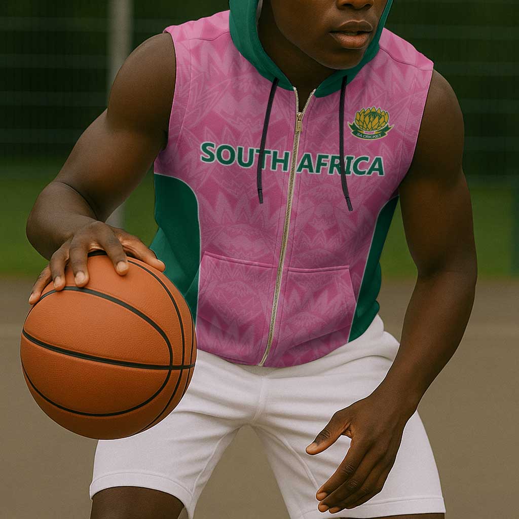 Pink South Africa Cricket Custom Sleeveless Zip Hoodie African King Proteas Be Way Pink - African Pride