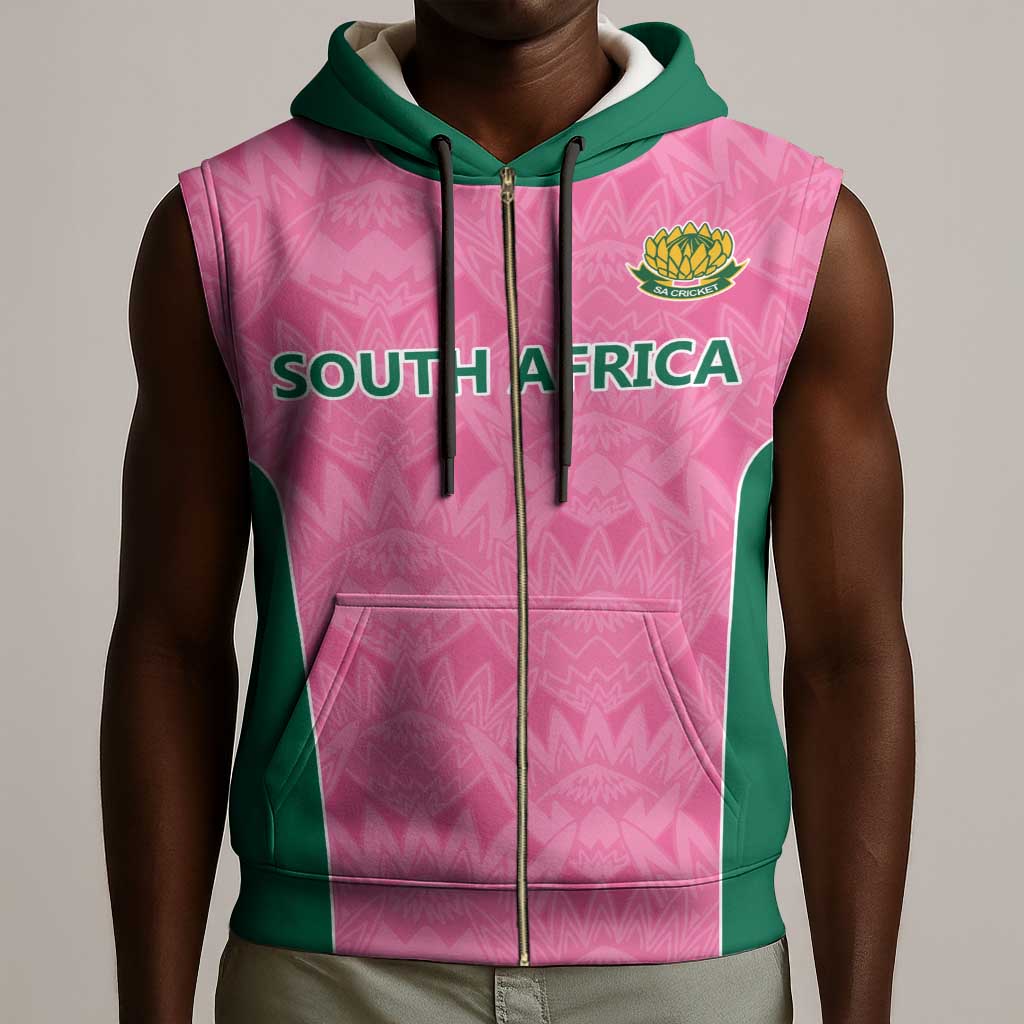 Pink South Africa Cricket Custom Sleeveless Zip Hoodie African King Proteas Be Way Pink - African Pride