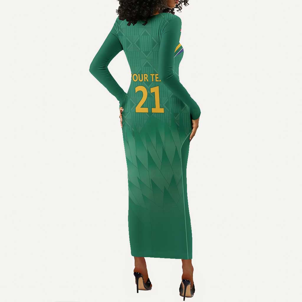 South Africa Cricket Custom Long Sleeve Bodycon Dress African King Proteas Green LT9