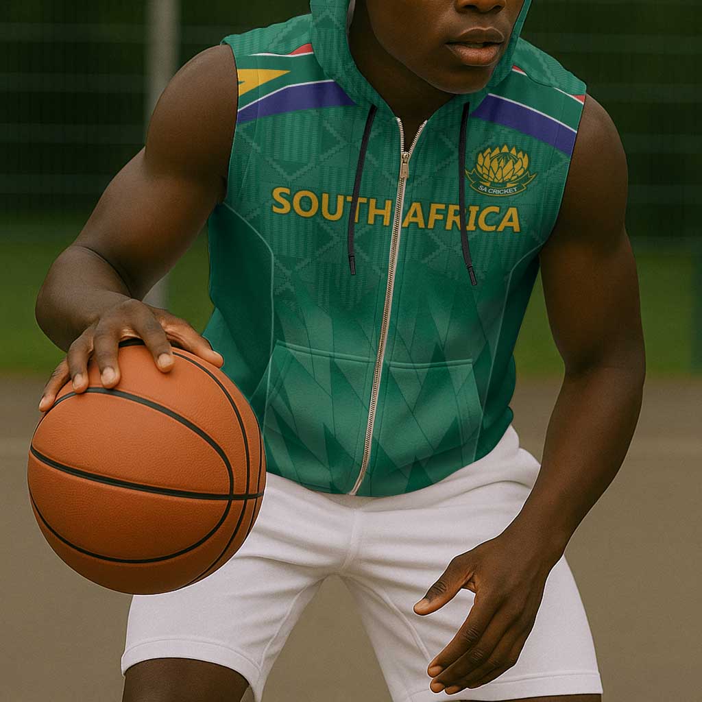 South Africa Cricket Custom Sleeveless Zip Hoodie African King Proteas Green - African Pride