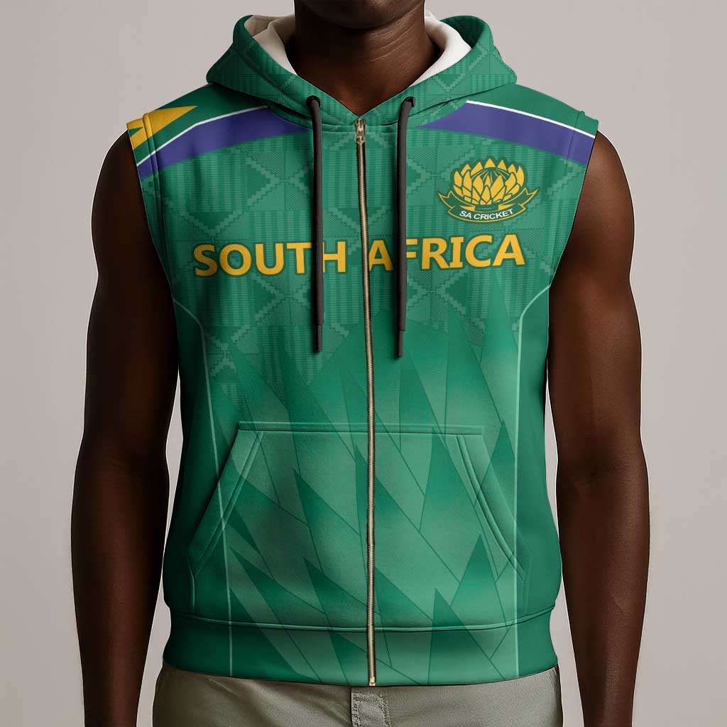 South Africa Cricket Custom Sleeveless Zip Hoodie African King Proteas Green - African Pride