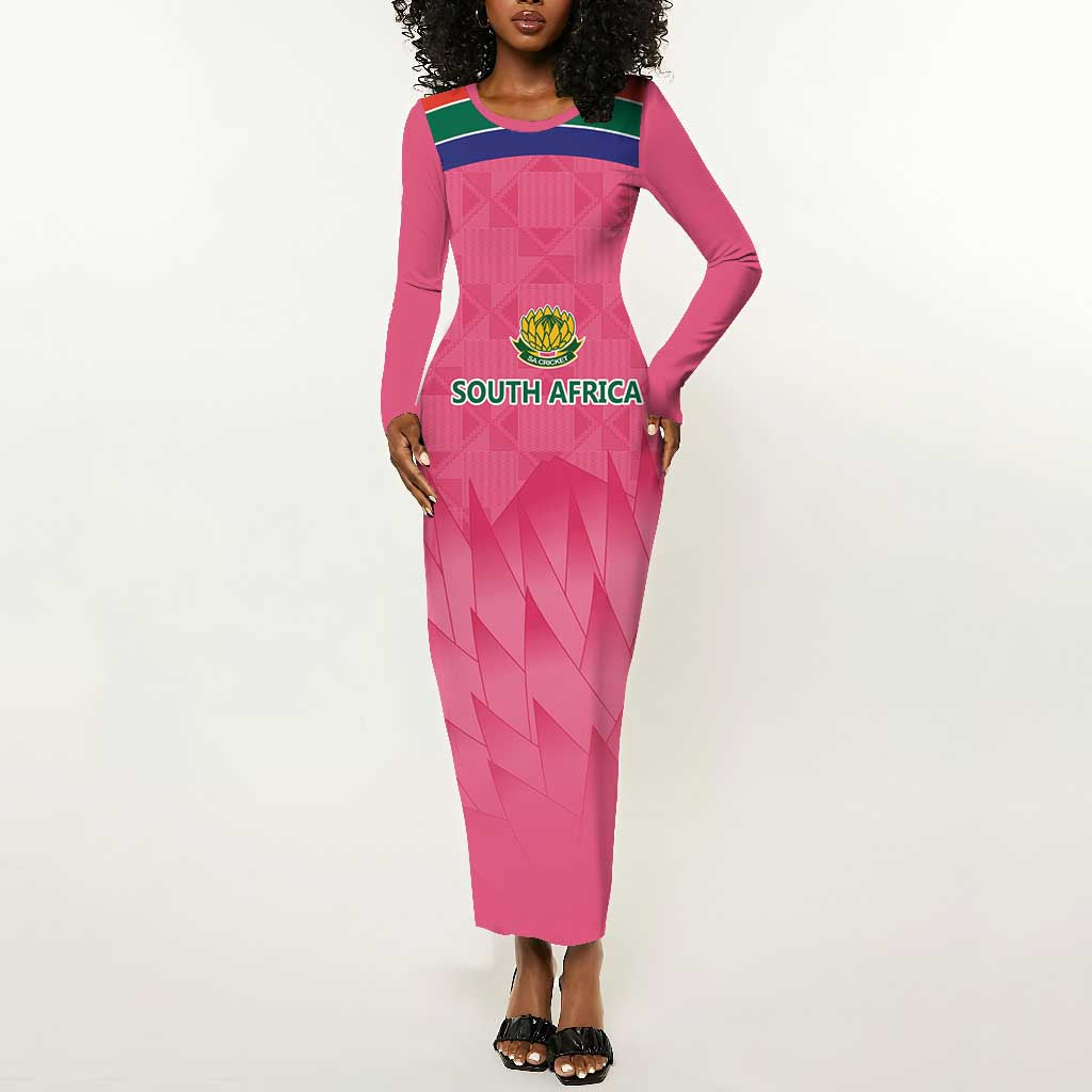 South Africa Cricket Custom Long Sleeve Bodycon Dress African King Proteas Pink LT9