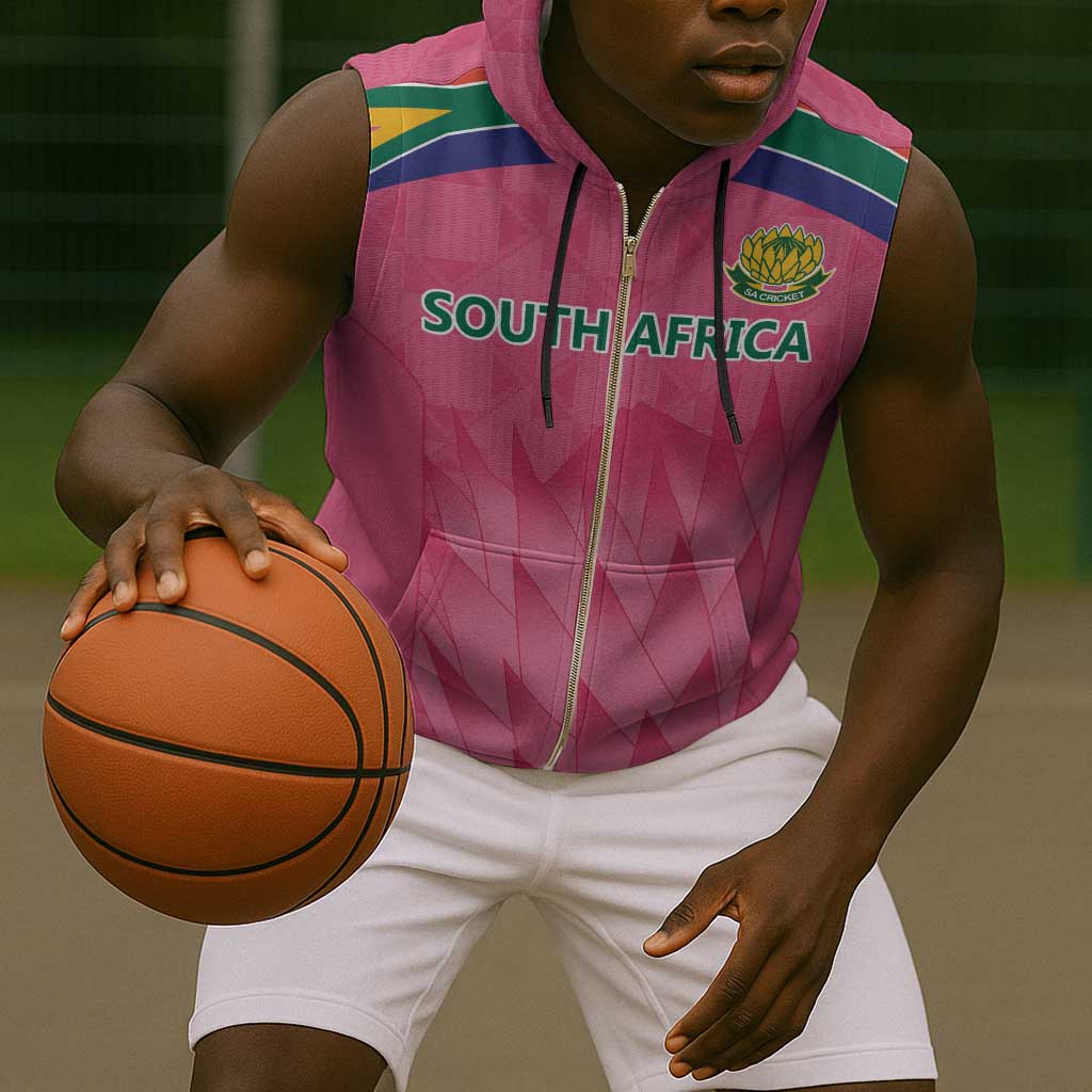 South Africa Cricket Custom Sleeveless Zip Hoodie African King Proteas Pink - African Pride
