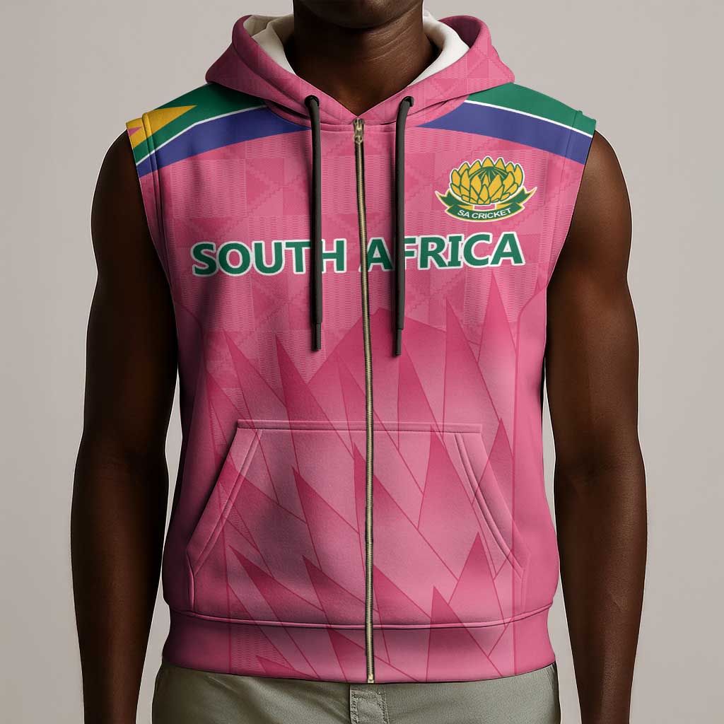 South Africa Cricket Custom Sleeveless Zip Hoodie African King Proteas Pink - African Pride