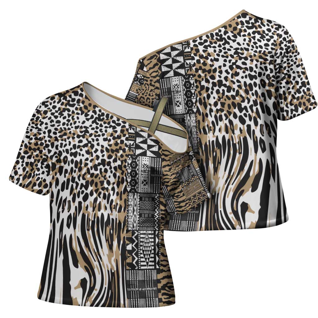 Africa Tribal Pattern Mixed Leopard Skin Cross Shoulder Shirt