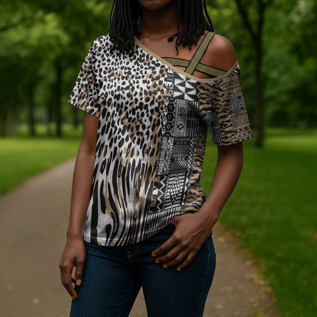 Africa Tribal Pattern Mixed Leopard Skin Cross Shoulder Shirt