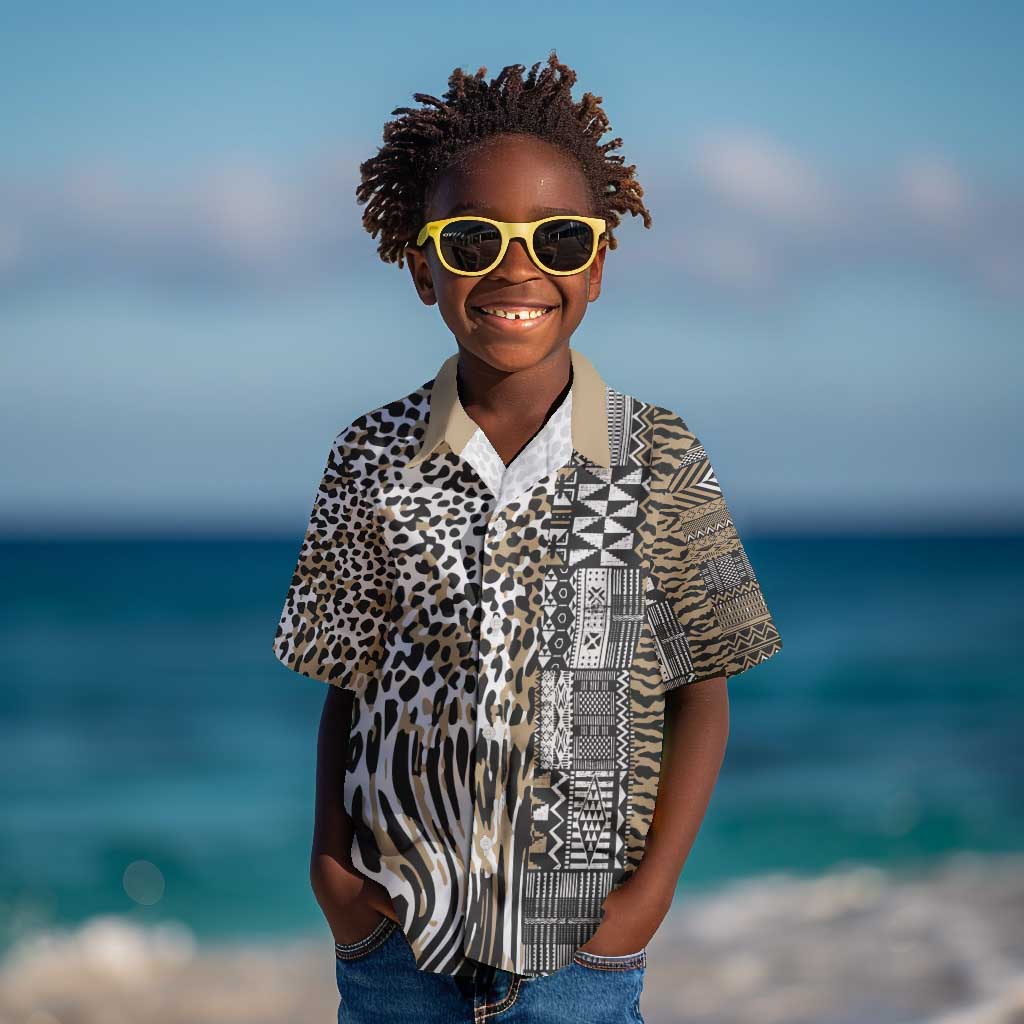 Africa Tribal Pattern Mixed Leopard Skin Kid Hawaiian Shirt - African Pride