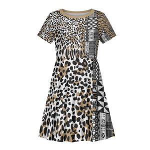 Africa Tribal Pattern Mixed Leopard Skin Kid Short Sleeve Dress - African Pride