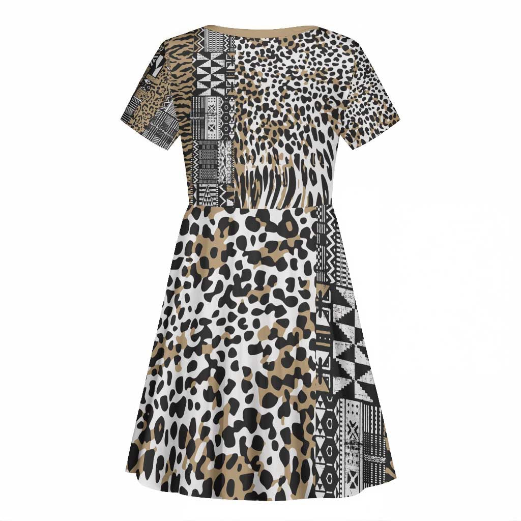 Africa Tribal Pattern Mixed Leopard Skin Kid Short Sleeve Dress - African Pride