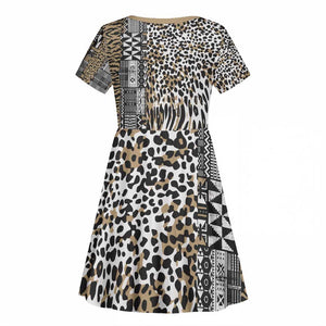 Africa Tribal Pattern Mixed Leopard Skin Kid Short Sleeve Dress - African Pride