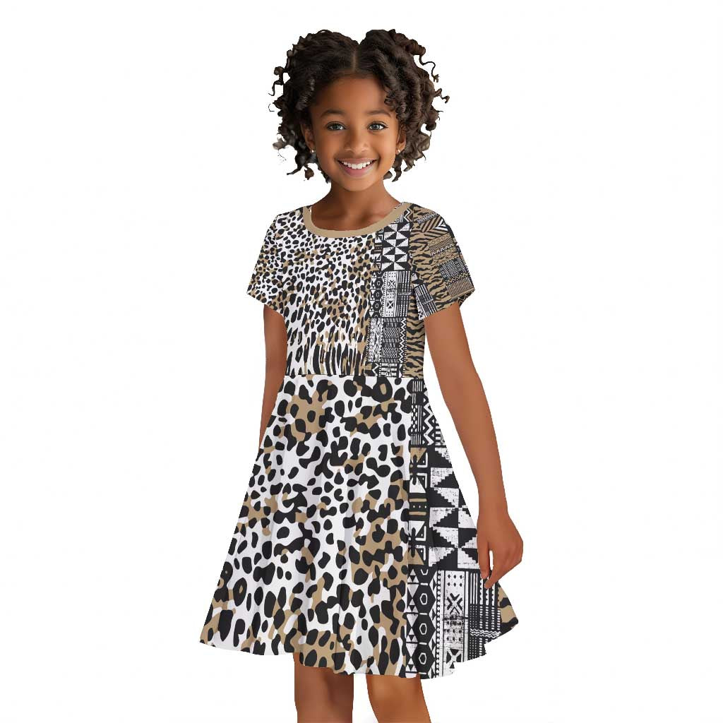 Africa Tribal Pattern Mixed Leopard Skin Kid Short Sleeve Dress - African Pride
