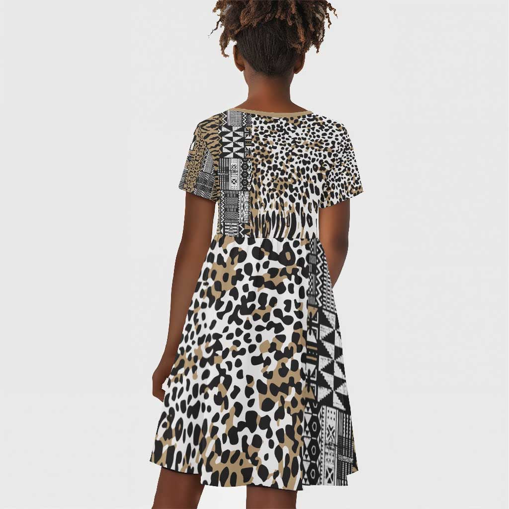 Africa Tribal Pattern Mixed Leopard Skin Kid Short Sleeve Dress - African Pride