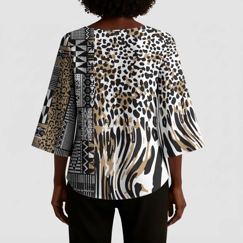 Africa Tribal Pattern Mixed Leopard Skin Kimono Sleeve Blouse