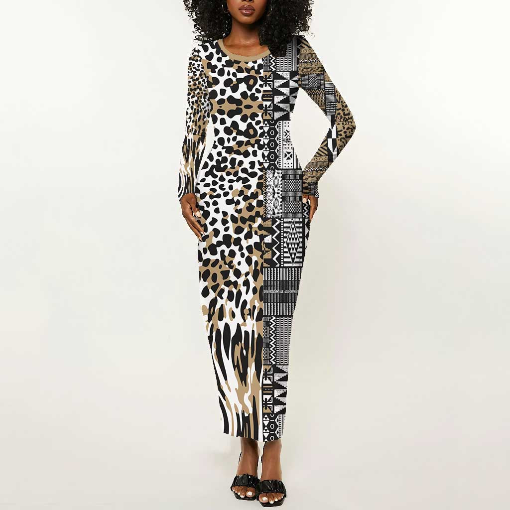 Africa Tribal Pattern Mixed Leopard Skin Long Sleeve Bodycon Dress - African Pride