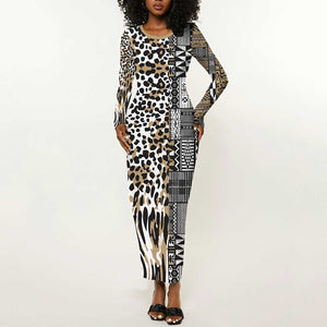 Africa Tribal Pattern Mixed Leopard Skin Long Sleeve Bodycon Dress - African Pride