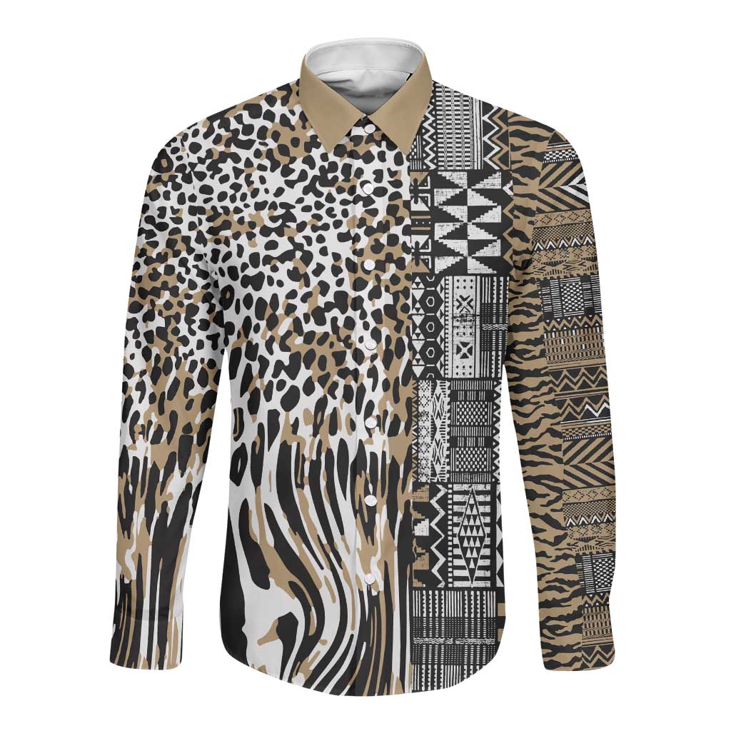 Africa Tribal Pattern Mixed Leopard Skin Long Sleeve Button Shirt - African Pride