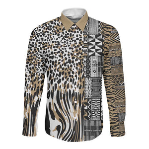 Africa Tribal Pattern Mixed Leopard Skin Long Sleeve Button Shirt - African Pride