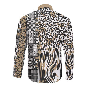 Africa Tribal Pattern Mixed Leopard Skin Long Sleeve Button Shirt - African Pride