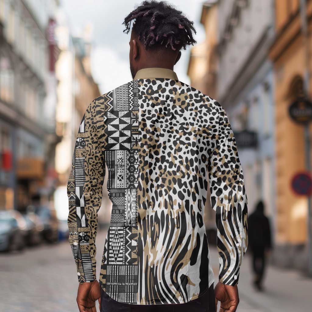 Africa Tribal Pattern Mixed Leopard Skin Long Sleeve Button Shirt - African Pride