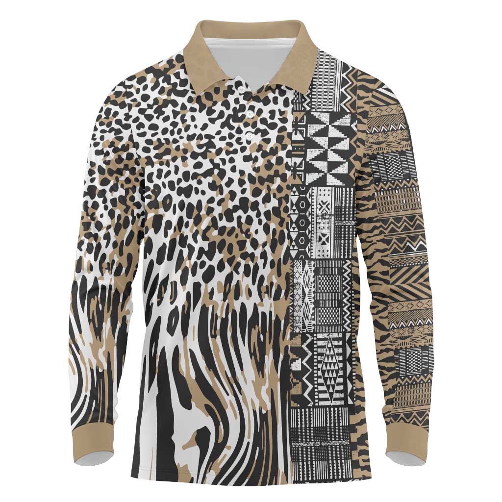 Africa Tribal Pattern Mixed Leopard Skin Long Sleeve Polo Shirt - African Pride