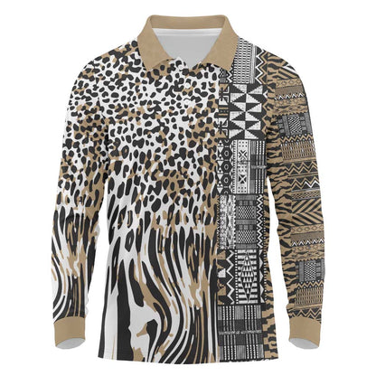 Africa Tribal Pattern Mixed Leopard Skin Long Sleeve Polo Shirt - African Pride