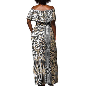 Africa Tribal Pattern Mixed Leopard Skin Off Shoulder Maxi Dress - African Pride
